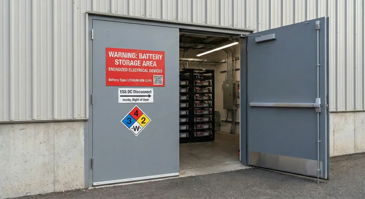 Commercial garage door with red ESS Room warning sign and NFPA 704 diamond, revealing solar battery banks inside for California Fire Code compliance.