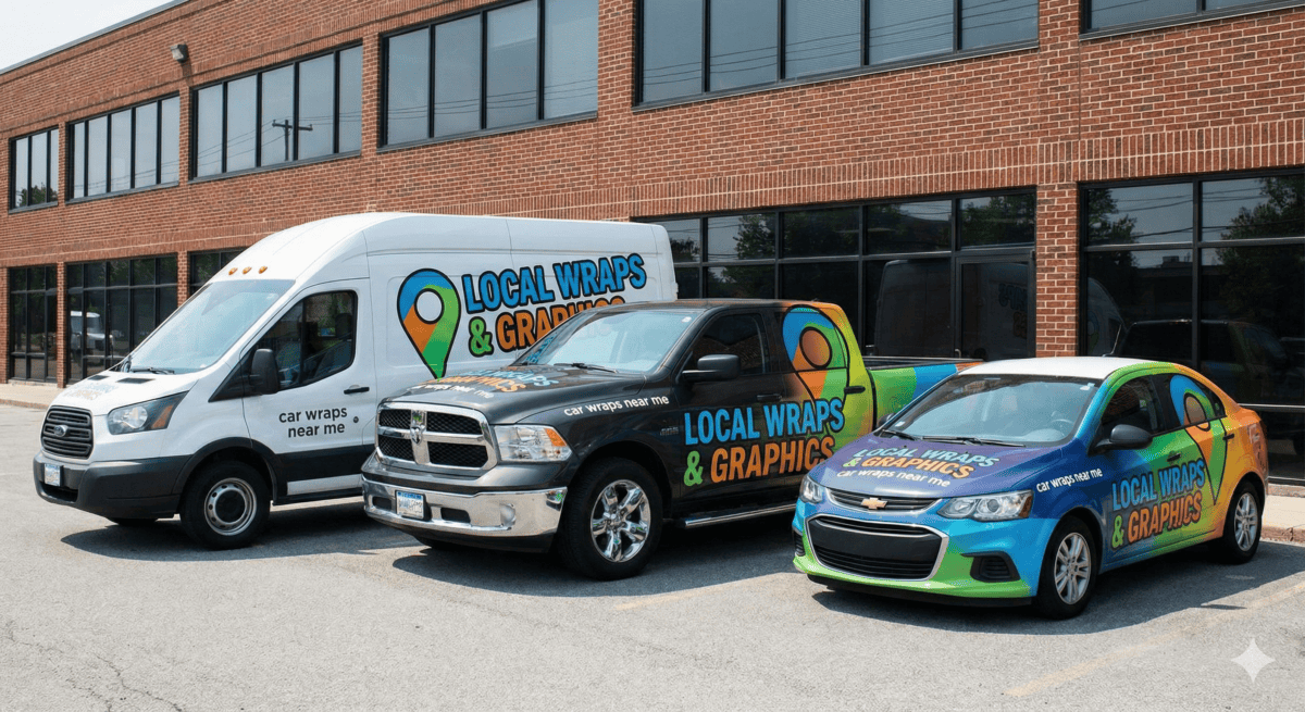 Colorful vehicle wraps promoting Local Wraps & Graphics on trucks and car, in front of a brick building for brand visibility and marketing.
