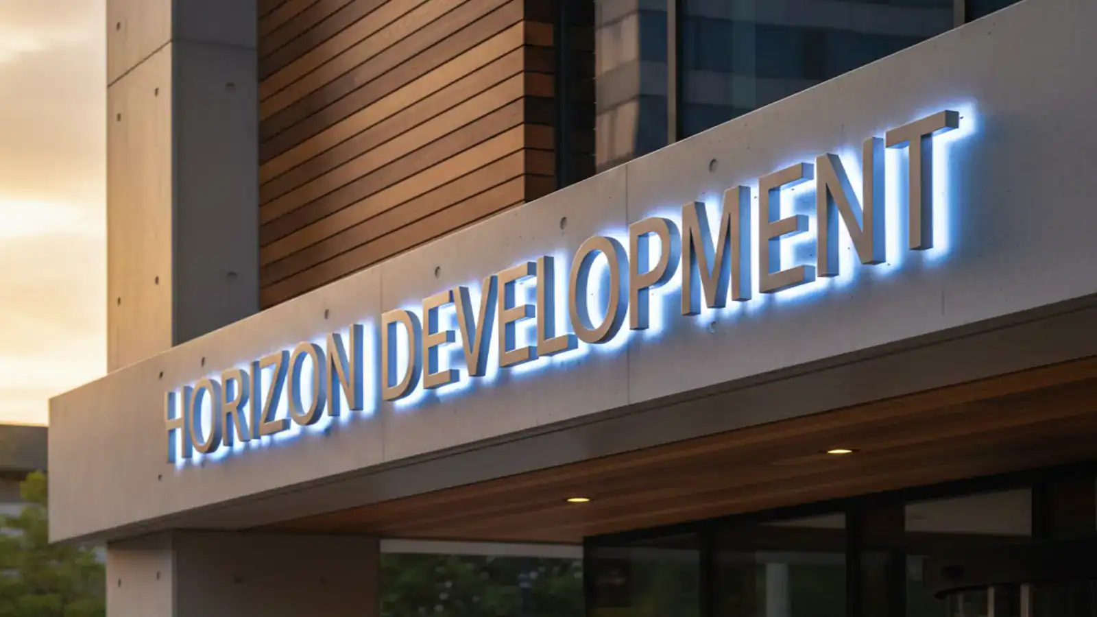 Close-up of high-end illuminated channel letter sign on a modern building facade at twilight, demonstrating professional brand visibility.