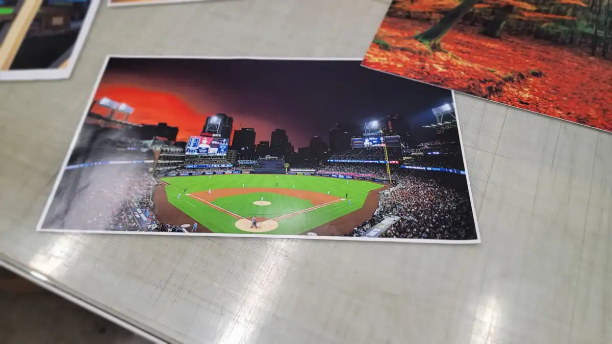 Colorful baseball stadium photo printed with innovative sign systems technology.